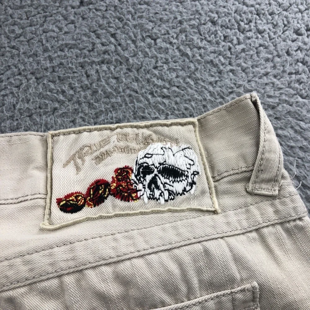 Vintage True Religion Jeans Mens 42x32 Tan Y2K Straight Skull Patch Made In USA